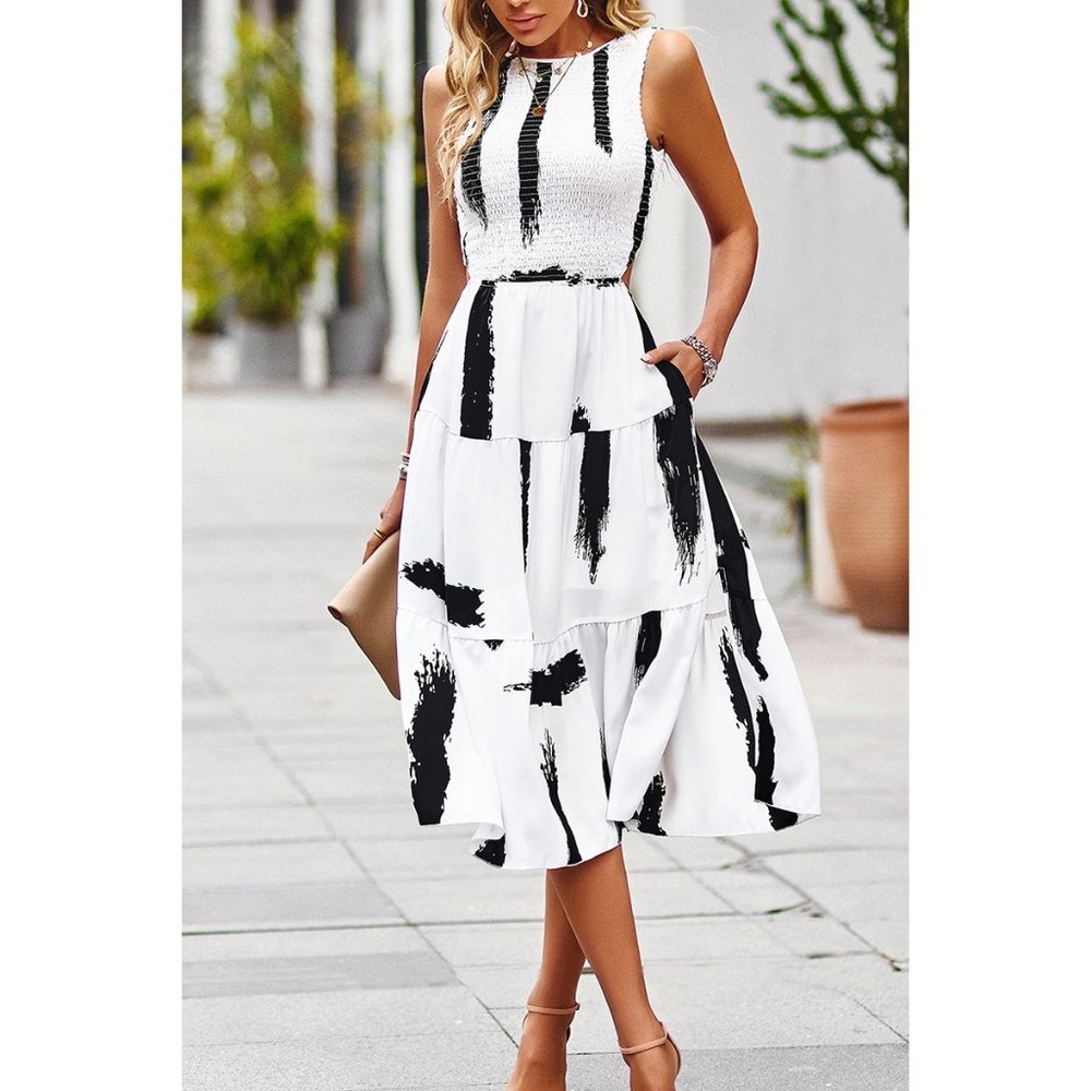 White and Black Sleeveless Midi Dress